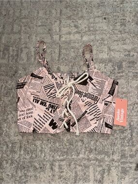 Pink Newspaper-Print Lace-Up Crop Top
